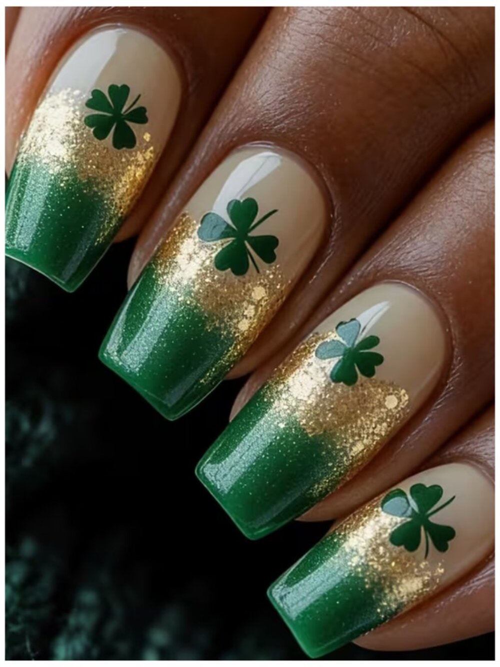 NWT St. Patricks Day Green Ombre Gold Glitter Coffin Press On Nails 24pc Set